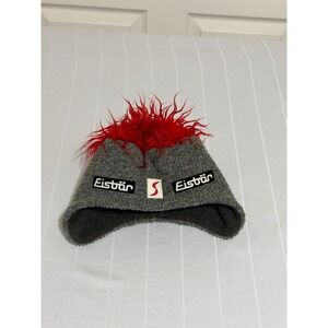 Eisbar Cocker Grey Red Mohawk Faux Fur Ear Flap Wool Blend Ski Beanie Hat